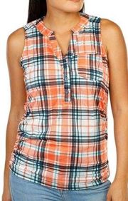 New York Laundry Womens Size Small Sleeveless Plaid Henley Top Orange