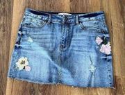 Angel Kiss Womens L Denim Jean Mini Skirt Floral Embroidered Raw Hem Stretch