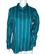 Westbound Shirt Women Medium Green White Stripe Button Up Career Casual Verstile