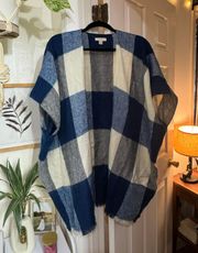 Womens Blue Plaid Knitted Kimono Sleeve Open Front Poncho Sweater Size XS/S