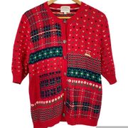 Susan Bristol Knit Sweater Cardigan Large Short Sleeve 1992 Vintage Christmas