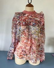 Ranna Gill Anthropologie womens floral print blouse size S long sleeves sheer