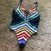 VS Pink | Rainbow Chevron Lace Up Front One Piece Suit