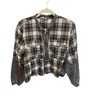 Promesa Plaid & Denim Cropped Long Sleeve Zip Up Oversized Top Size Medium