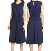 Maggy London sleeveless blue crepe textured drawstring waist midi dress size 14