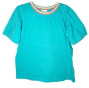 Susan Bristol Crochet Knit Neck Teal Shirt Medium