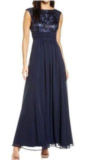 Eliza J Navy sequined chiffon maxi dress gown Sz 6