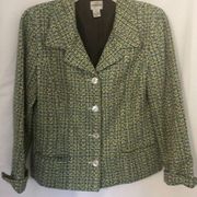 Chico’s Women’s Tweed Blazer Green Blue Jacket Long Sleeve Button Up size 1