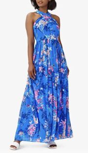 NWT  Blue Multi Floral Chiffon Halter Maxi Dress Crisscross New