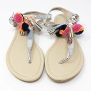 ASOS Pom Pom & Tassle Thong Sandals Silver Lame Size 6 NWT