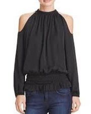 Black Blouson Cold Shoulder Long Sleeve Smocked Blouse Oversized Small