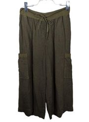 Flax Linen Wide Leg Cropped Linen Pants Army Green Stretch Drawstring Waist S