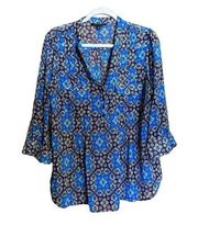 Zac & Rachel Top Womens XL Multicolor Paisley Boho Print Roll Tab Sleeve Blouse