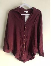 Bohme Women's Long-Sleeve Button Down Shirt Medium Burgundy Rayon Linen NWT