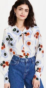 JASON WU Printed Long Sleeve Raglan Blouse 100% Silk White Abstract Print 8 NWT