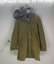Zara Green Winter Coat Full Zip Up Jacket Detachable Fur Hooded size medium