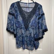 Womens Sheer Lace Floral Blouse Blue Lagenlook Size Small