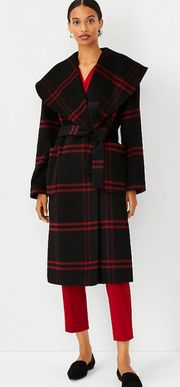 New  Plaid Wool Blend Shawl Collar Wrap Coat Size Medium