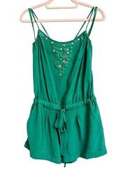 BCBG Max Azria Spaghetti Strap Tie-Waist Studded Romper Green Women's Size Small