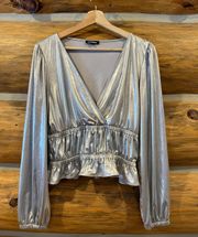 Silver Metallic Peplum Long Sleeve