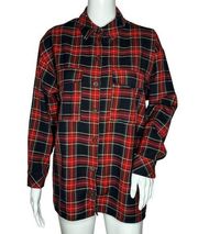 Bershka Plaid Button Up Shirt Red Black Long Sleeve Flap Chest Pockets