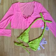 NWT Daisy Textured Green Bikini Top & Sheer Pink Long Sleeve Tie-Front Cover Up