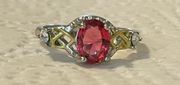 New Oval Ruby CZ SilverTone & Gold Tone Ring Size 6 7/8