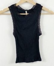 Emma & Sam Black Ribbed Lace Trim Sleeveless Tank Top Women's Size Small S