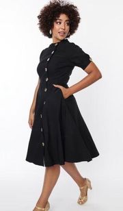 Unique Vintage Black Button Short Sleeve Midi Swing Retro Dress Size XL