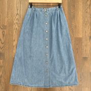 Vintage  Denim Button Front Midi Skirt with Pockets Light Denim L