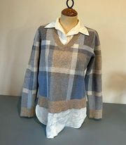 Adrienne Vittadini womens blue beige plaid sweater with built in shirt size L