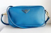 Prada Saffiano Pebbled Leather Small Camera Bag Crossbody Purse Blue