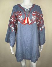 Mudpie Embroidered Bell Sleeve Boho Tassled Blue Tunic (Medium)