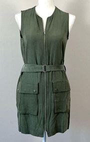 Military Green Zip Front Sleeveless Mini Dress