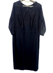 NWT Lane Bryant Knee Length Lace Dress 3/4 Lace Sleeve Zip Back 18 Black #2678