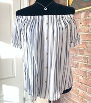 Hem & Thread Linen Blend Blue Striped OTS Babydoll Top S