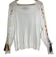 Wildfox Diez Sweater Pullover Ruffle Tassel White Long Sleeve Women's size Large