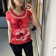 Lucky Brand: Bold Floral Coral Crochet Tee