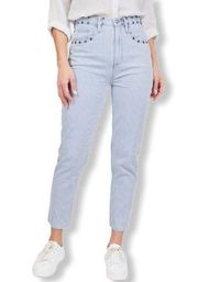 Juicy Couture High Rise White Blue Stripe Girlfriend Jeans with Studded Detail
