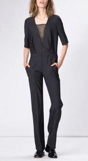 Maje Kaaris Jumpsuit Black Lace Paneled Twill Sheer Insert Womens Size 38 Medium