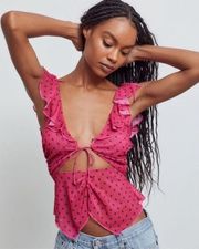 Urban Outfitters Pink and black Polk a dot cut out front Leila ruffle top never worn