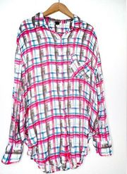 Free People Blouse We The Free Pink Blue Plaid Button Up Collared Top