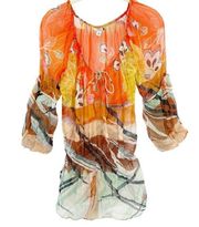 Cache Womens Vintage 90s Y2K Metallic Silk Printed Floral Sheer Blouse Size S