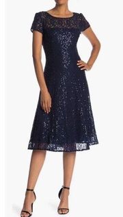 SLNY Sequined Lace Short Sleeve Midi A-Line Navy Blue Cocktail Dress Sz 16 NWT