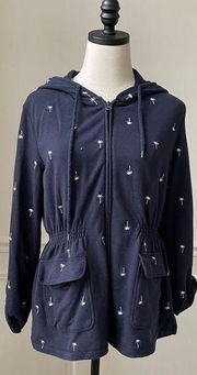 Talbots French Terry Palm Tree Embroidered Full Zip Hoodie Navy Blue M Petite