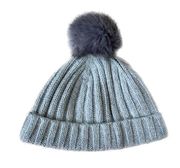 J. Crew Gray Wool Blend Ribbed Beanie with Faux Fur Pom Pom