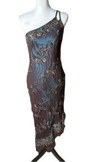 Women's Scala Brown & Teal Blue Beaded Floral One-Shoulder Asymmetric Dress Sz L