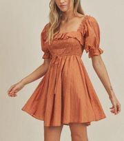 Lush Rust Smocked Swiss Dot Puff Sleeve Babydoll Mini Dress SZ M NWOT