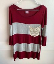 Wanna B Red & Gray Striped Quarter Sleeve Blouse