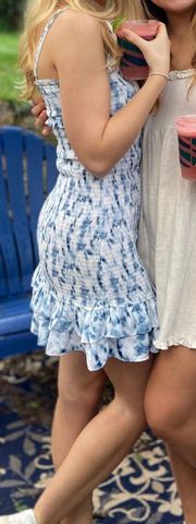 Smock Dress, White And Blue Pattern With Ruffles On Bottom